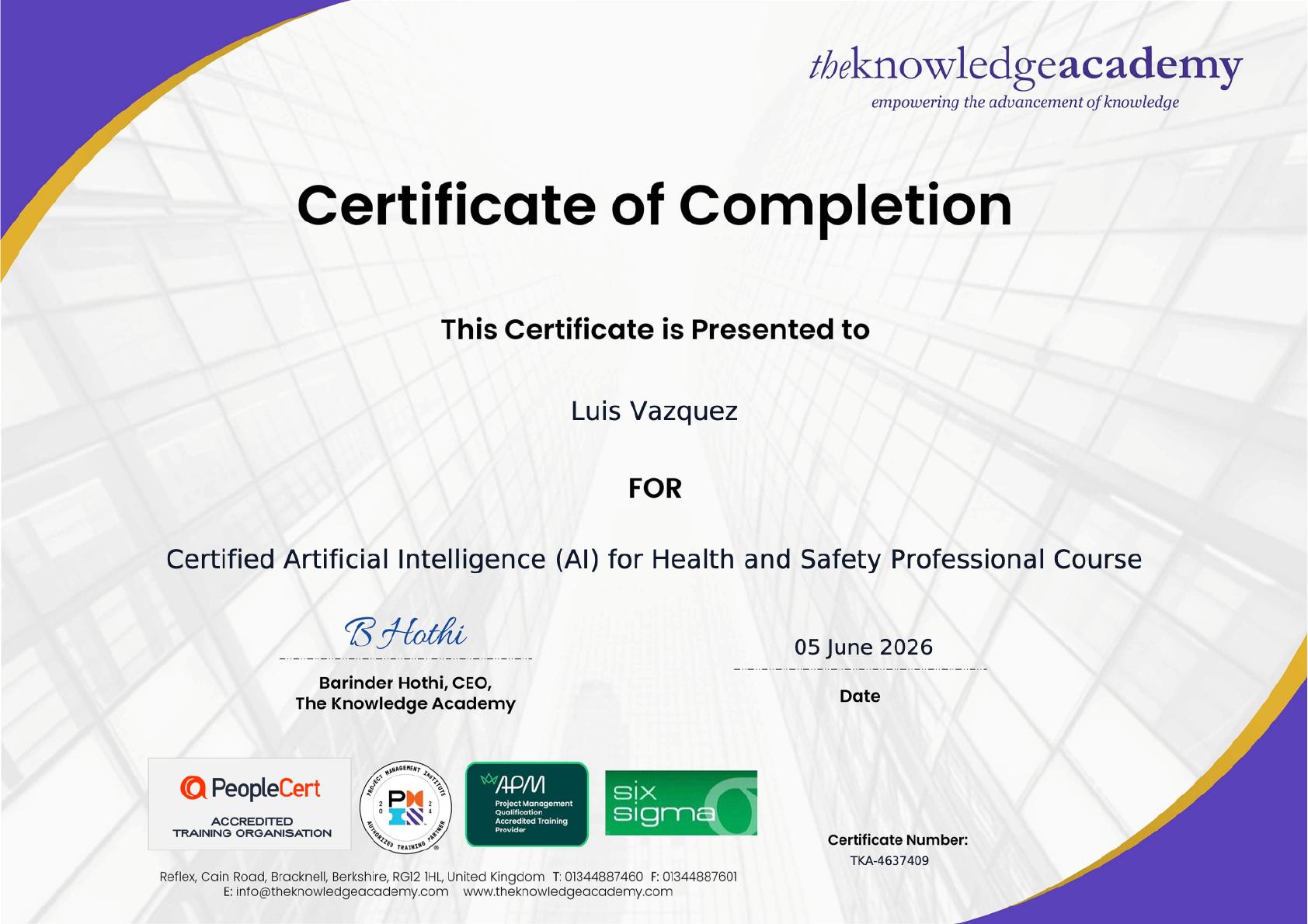 Certified AI for Health and Safety Professional certificate preview