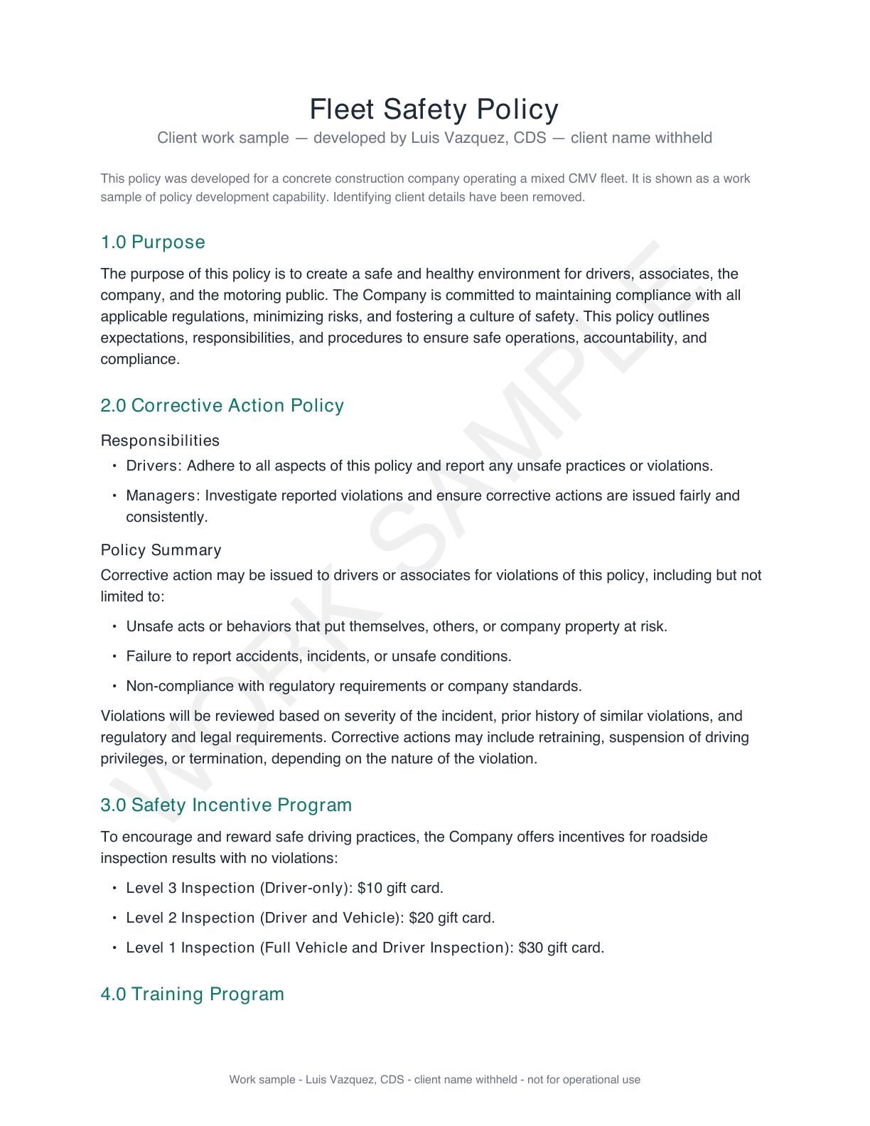 Preview of a redacted fleet safety policy sample