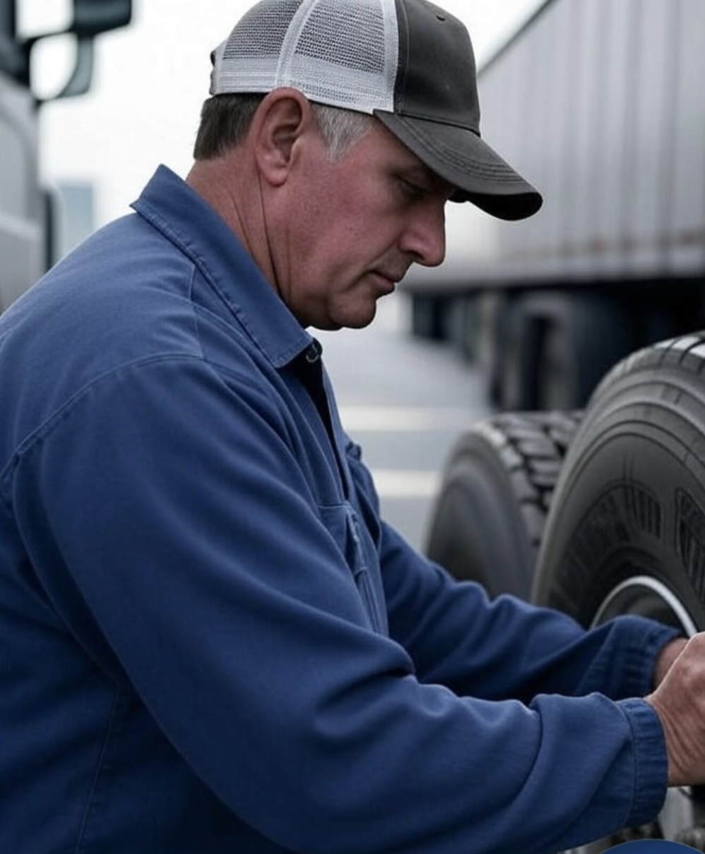 Driver inspecting a commercial vehicle tire